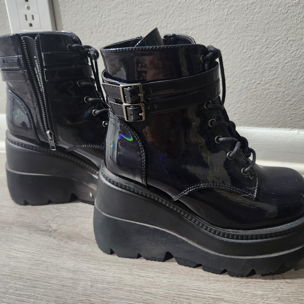 Demonia Black Patent Platform Lace-Up Ankle Boots with Buckle Straps